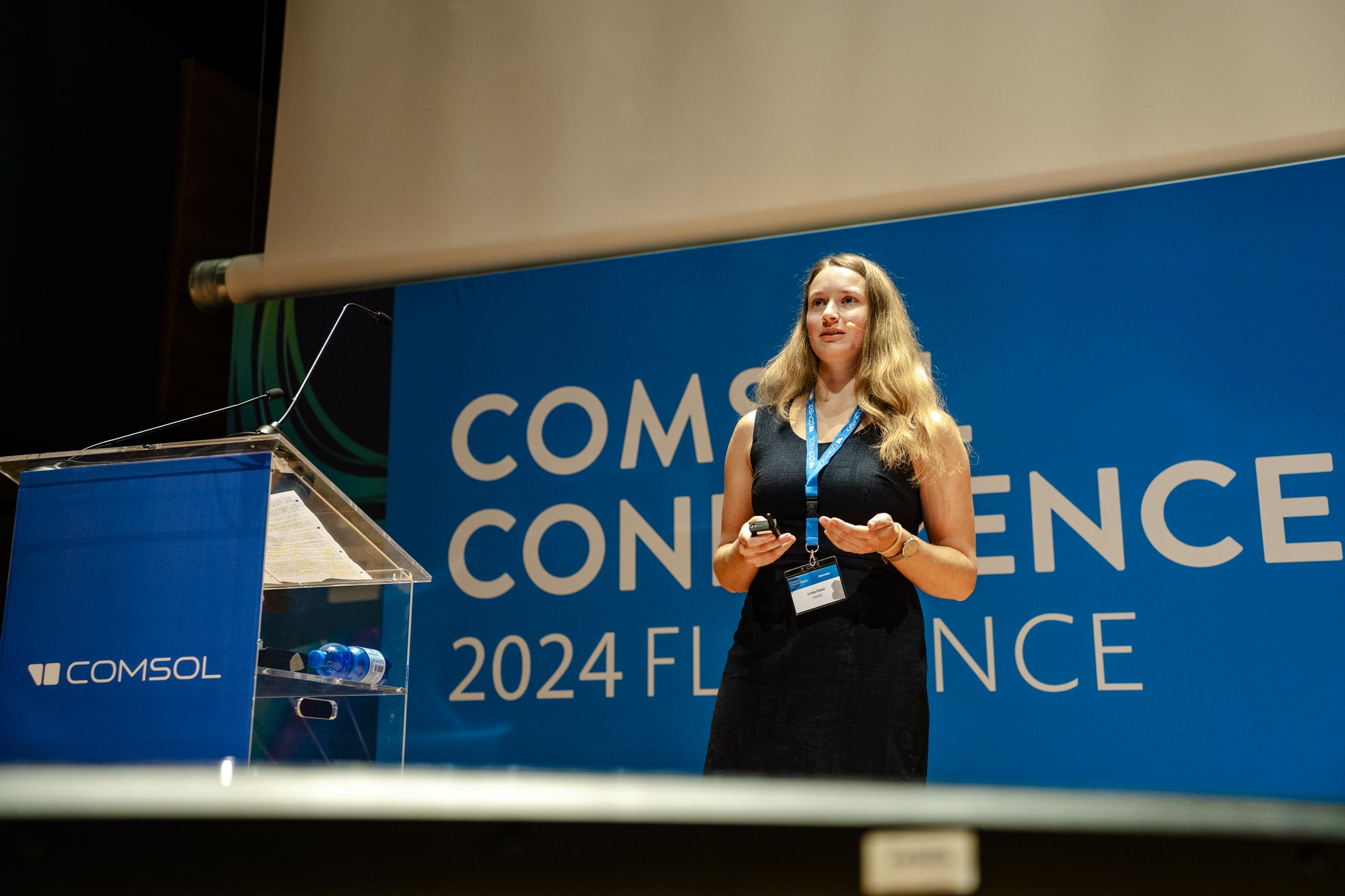 Linda Oster of FOTEC Forschungs- und Technologientransfer GmbH presenting her invited talk on using simulation in the development of a spacecraft neutralizer.